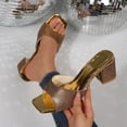 thumbnail image 2 of Gold Womens Casual Open Toe Sandals Rhinestone Decor Comfortable Solid Color Square Toe Block Heel Slip On High Heel Shoes Size 39, 2 of 9