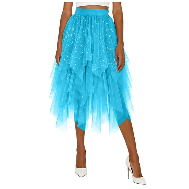 DAFEI Women Short Skirt Loose Sequin Skirt A-Line Fairy Patterned Elastic Waist Ruffle Layered Midi Skirt