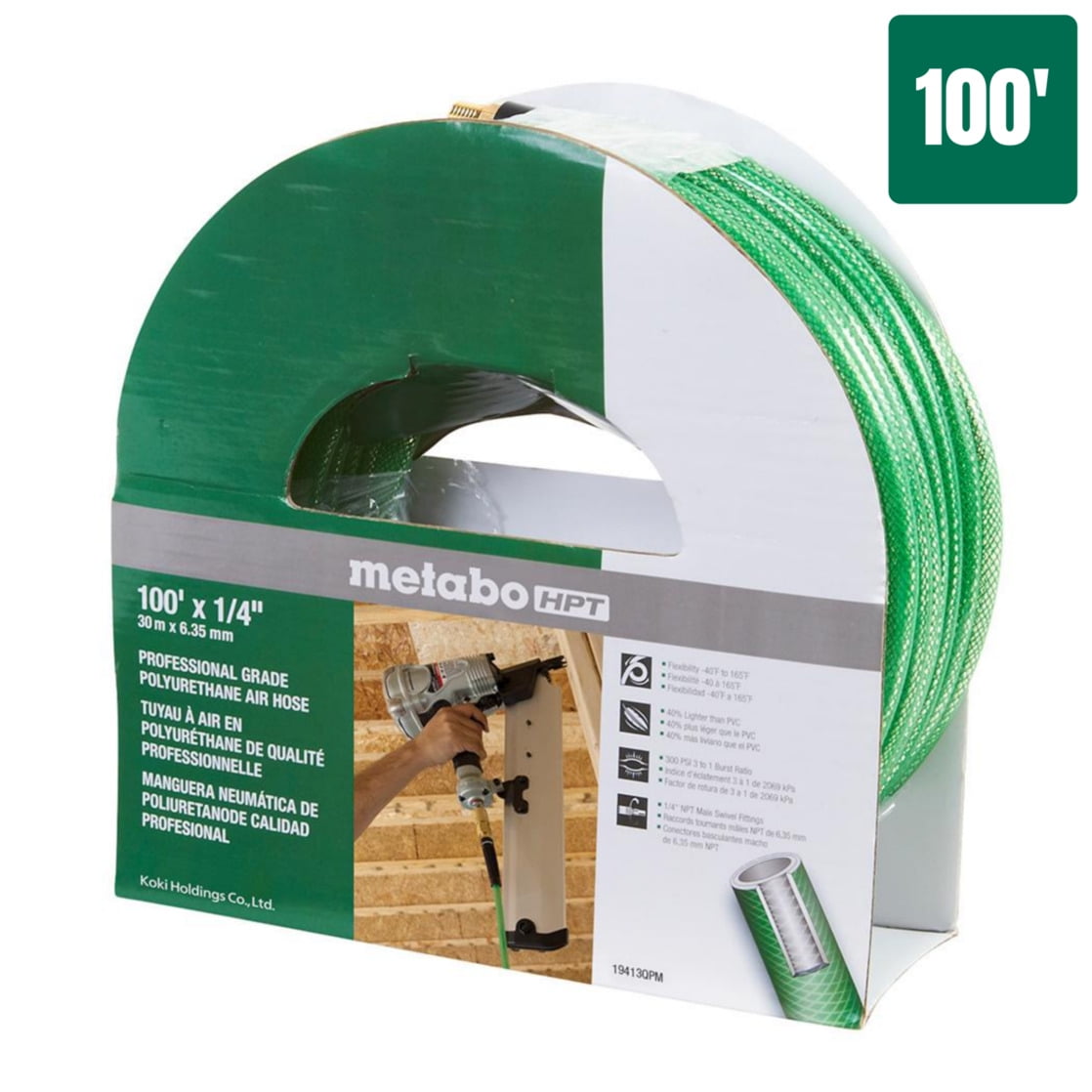 Metabo HPT 1/4 Air Hose, 100 Ft Compressor Hose, 19413QP