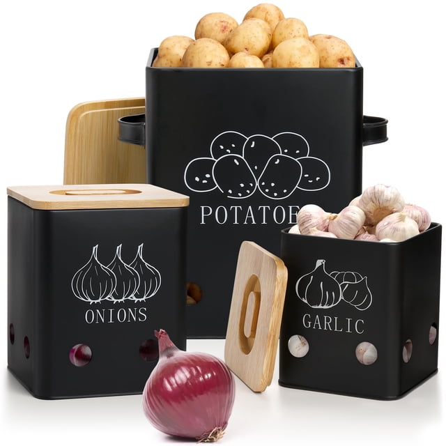 WUWEOT 3 Pack Vegetable Storage Tins, Potato Onion Garlic Storage Canister, Black Metal Vegetable Fresh Keeper Caddy, Kitchen Pan