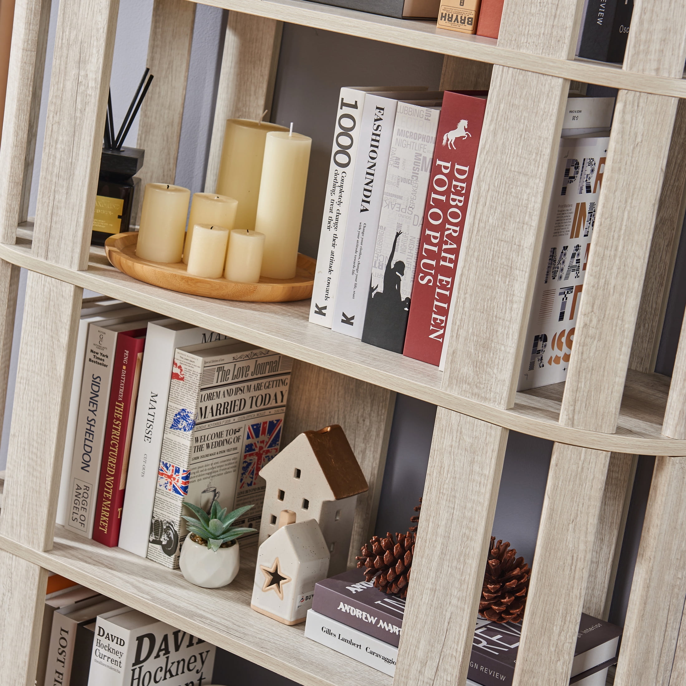 GDF Studio Lexair 5-Tier Wooden Oval Open Bookshelf with Curved Grid Frame, Storage Display Bookcase Rack, Light Gray