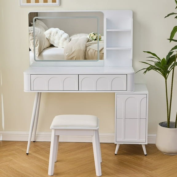 AENKYO Vanity Table Set with LED Lighted Mirror, 4 Drawers, Makeup Table with Movable Side Cabinet & Stool, White