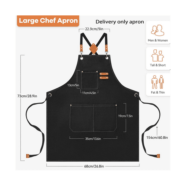Tablier de Chef pour Hommes, Tablier en Toile de Coton Robuste Tablier de Dos avec Bretelles Ajustables et Poches Noir