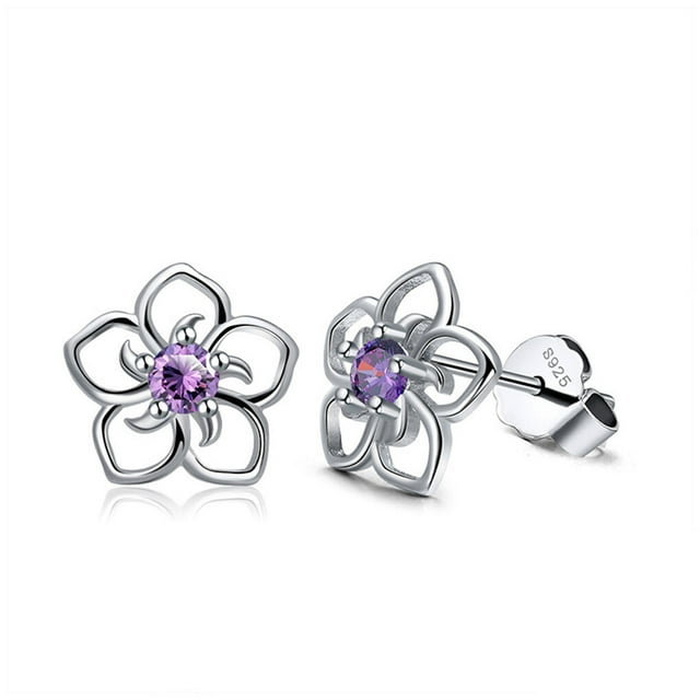 pitrice 1 Pair Copper Silver Flower Shape Ear Stud Replacement Unfading Exquisite Girls Ladies Earring Jewelry Birthday Gift Purple