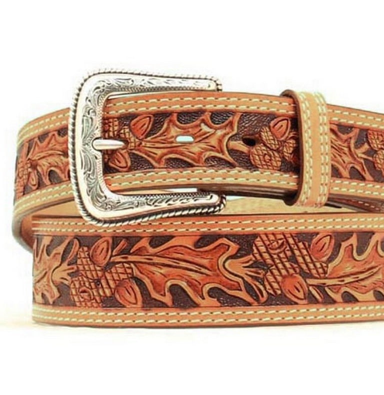 Nocona Nocona Western Belt Mens Leather Embossed Oak Leaf Tan