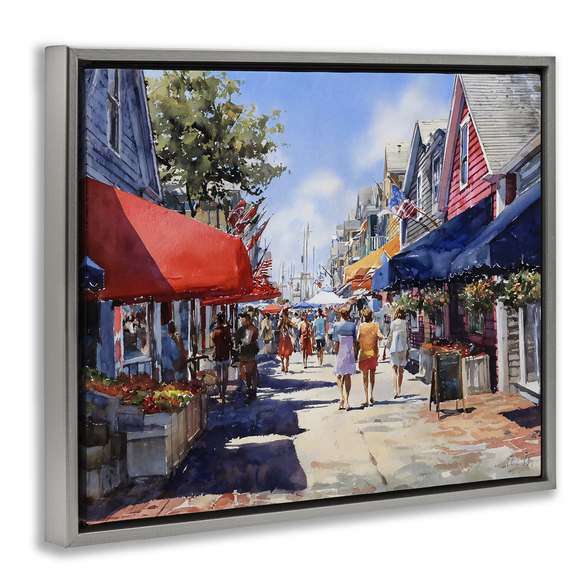 Stupell Industries American Coastal Town Stroll Gray Framed Floater Canvas Wall Art, design by Franklyn Gregory