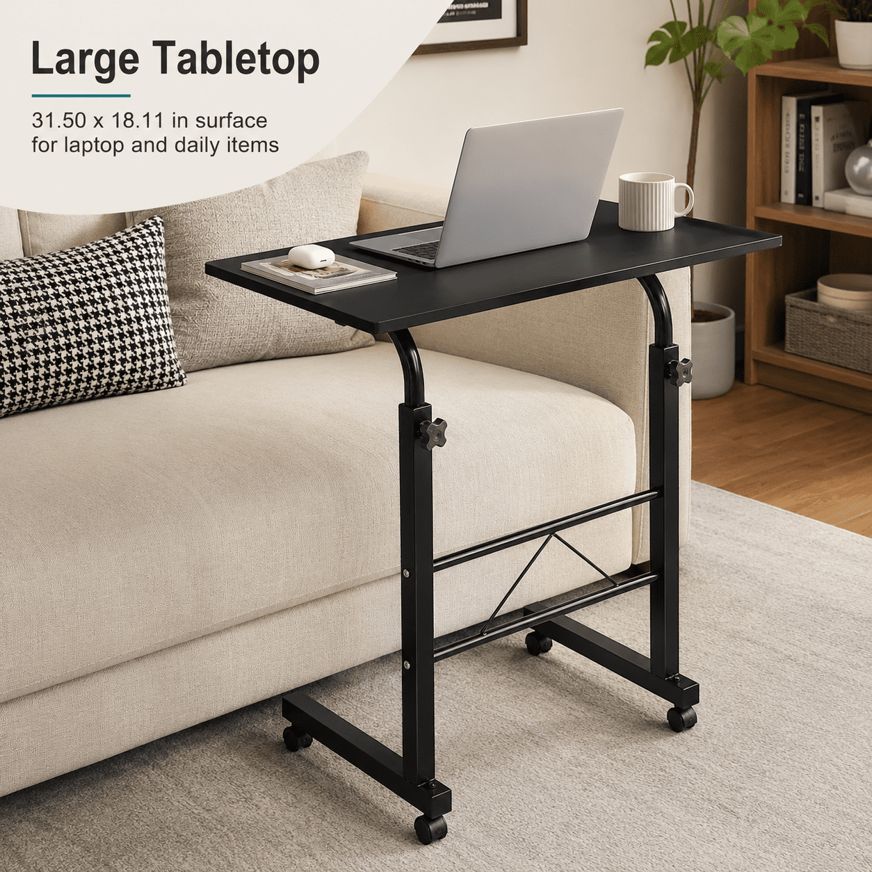 Alvantor Black Adjustable Rolling Laptop Table with Steel Frame