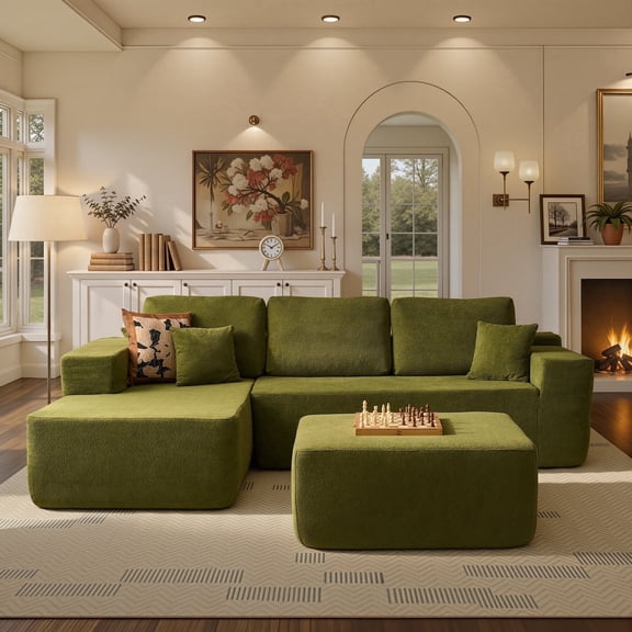 Ovios 106" Cloud Sofa Couch No Assembly Boneless Deep Seat Sofa with Ottoman for Living Room, Green(Sherpa)