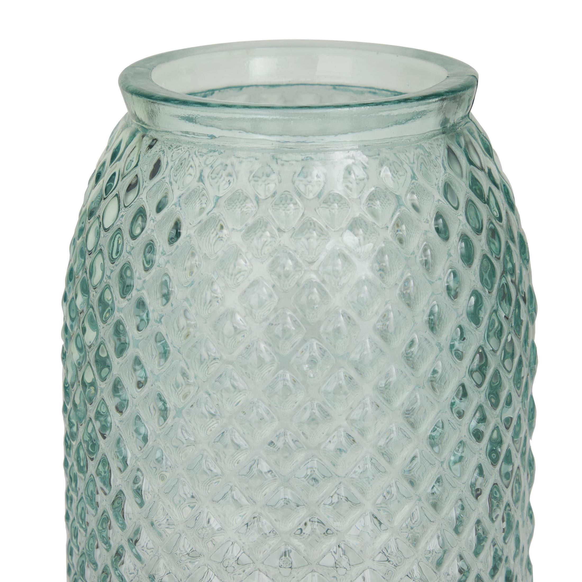 DecMode Teal Recycled Glass Handmade Slim Spanish Decorative Vase with Textured Diamond Pattern, 6" x 6" x 11"