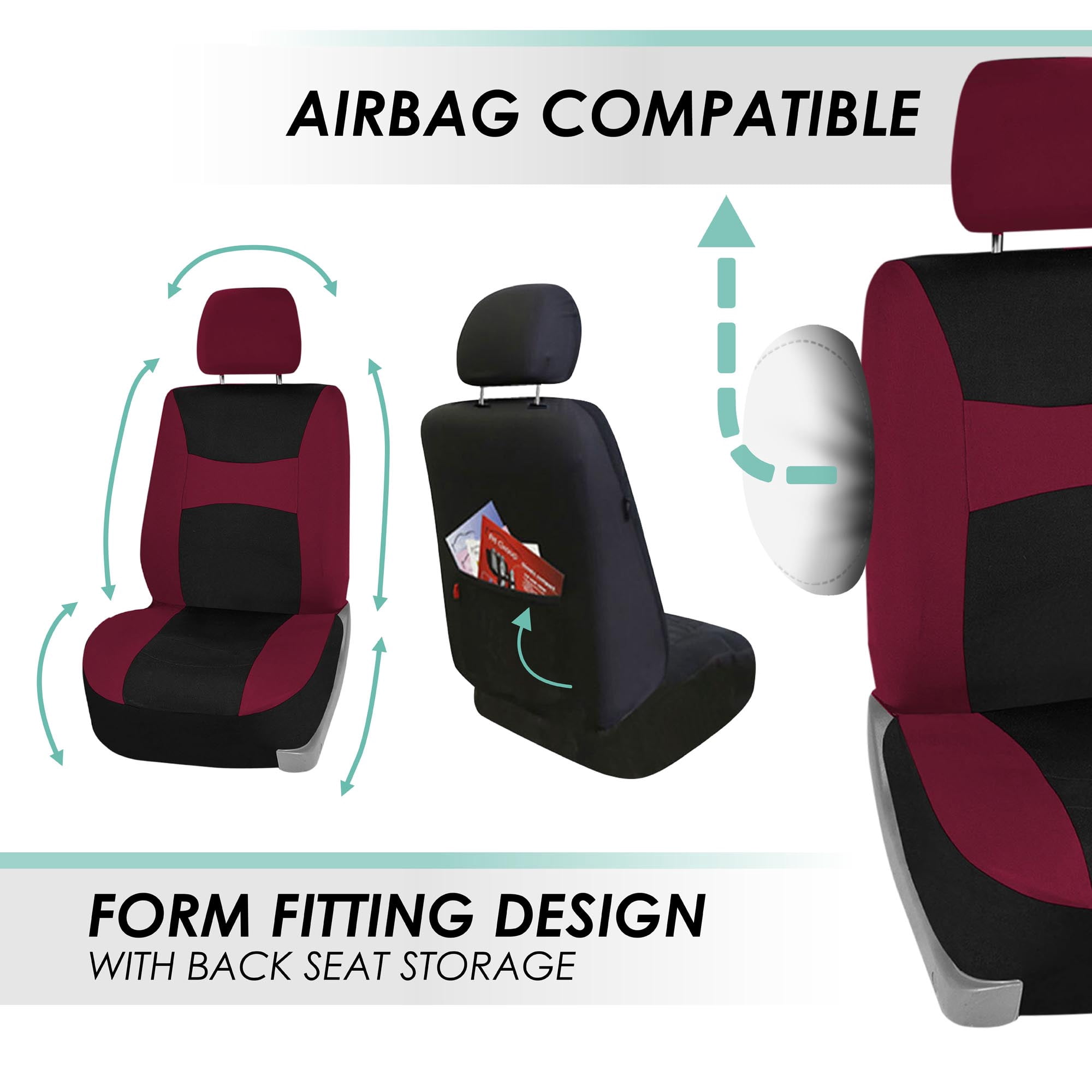 FH Group Light & Breezy Flat Cloth Car Seat Cover Set For Car Truck SUV Van Burgundy - Front