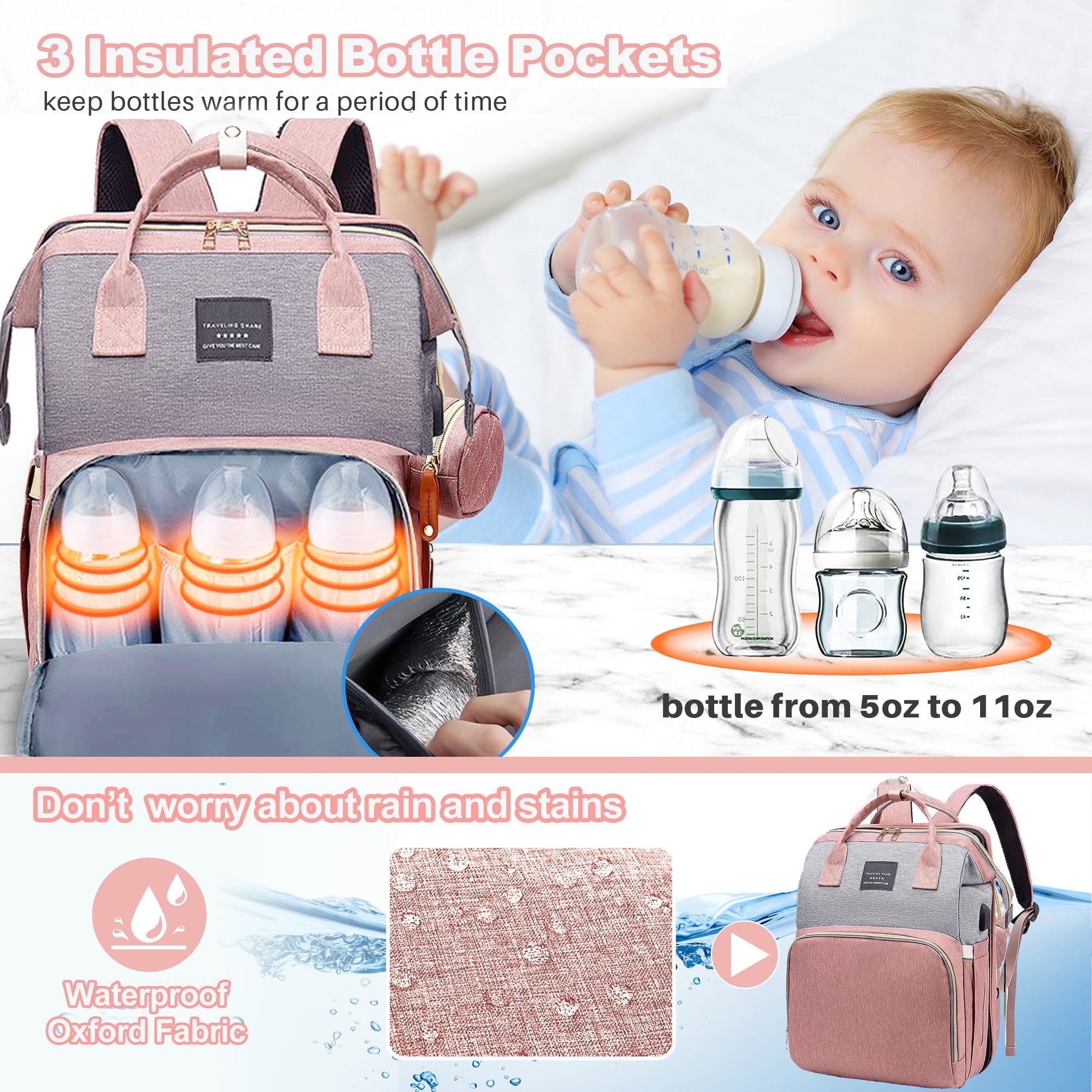 Anoak Baby Diaper Bag Backpack with Changing Station, Large Capacity Baby Bag, Waterproof Travel Backpack with USB Charging Port, Stroller Straps , Baby Shower Gifts