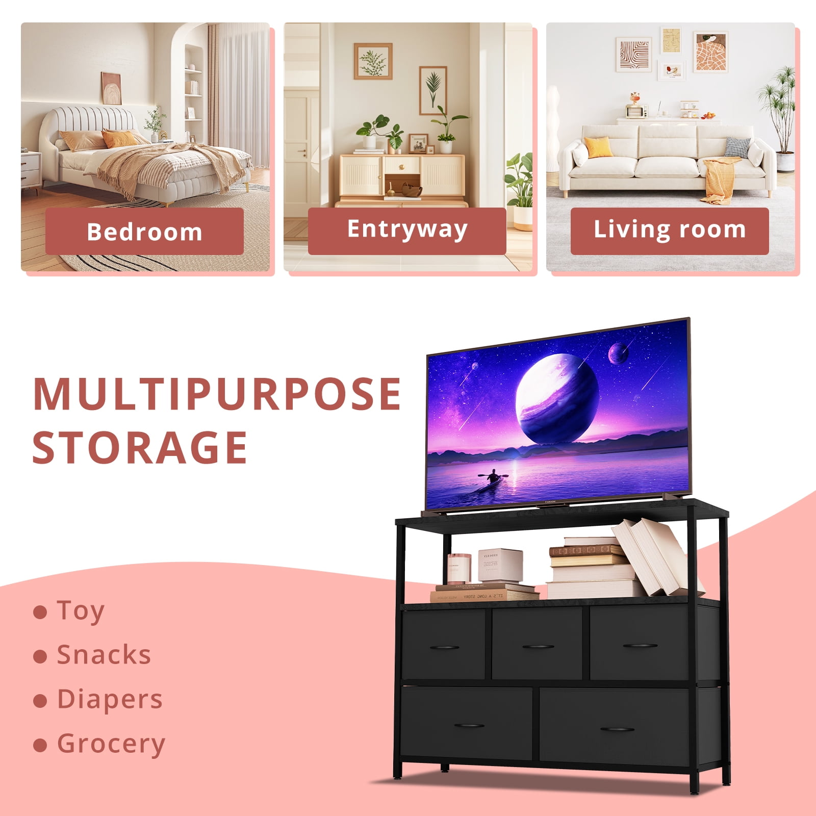 Small TV Stand, Black Dresser TV Stand for Bedroom, Entertainment Center for 45 Inch TV with Drawers, Fabric, Adjustable Feet, Living Room