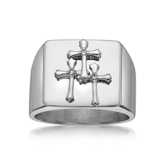 Men's Stainless Steel Triple Cross Statement Ring with Crystals