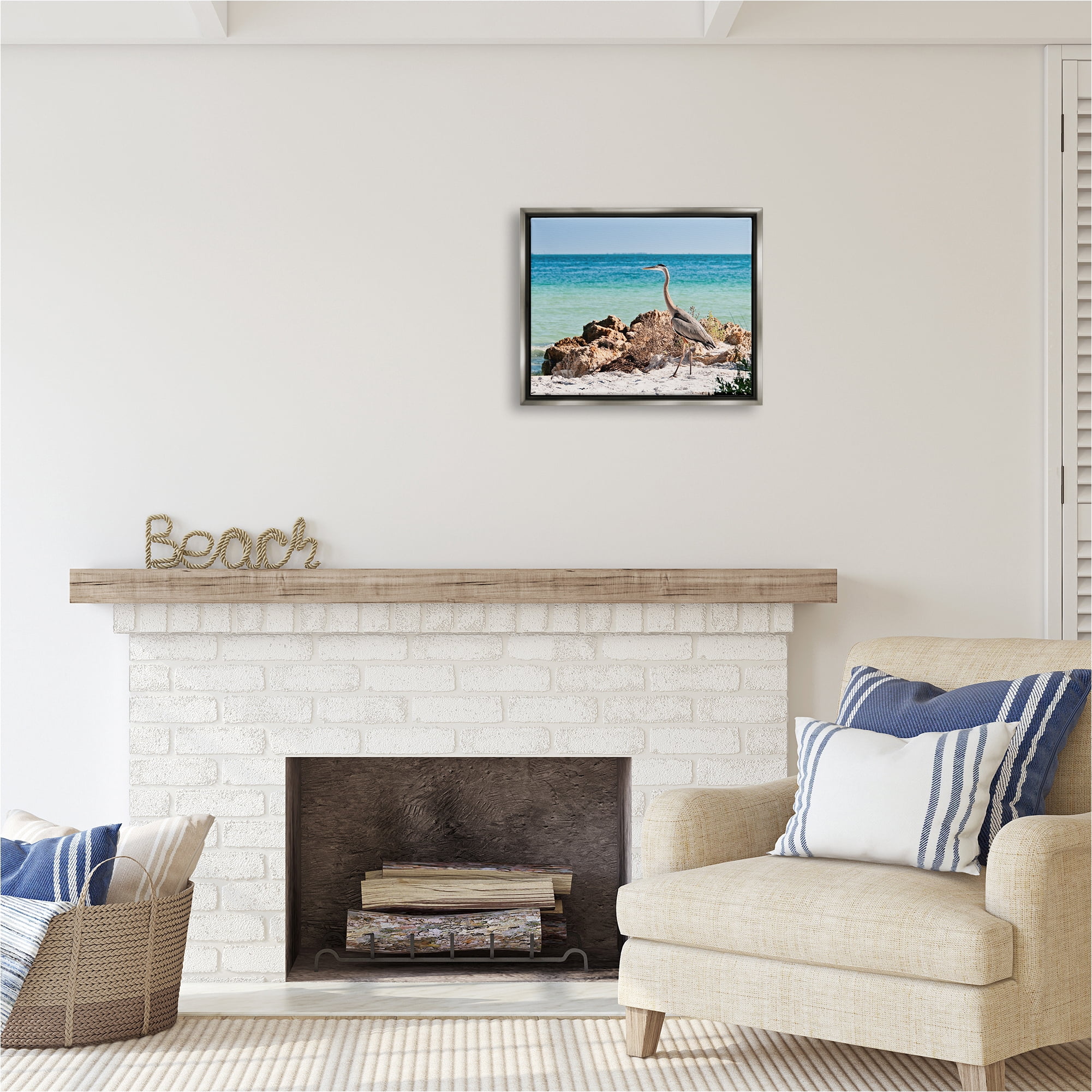 Stupell Industries Heron Watching Ocean Animals & Insects Photography Gray Floater Framed Canvas Art Print Wall Art, 21 x 17