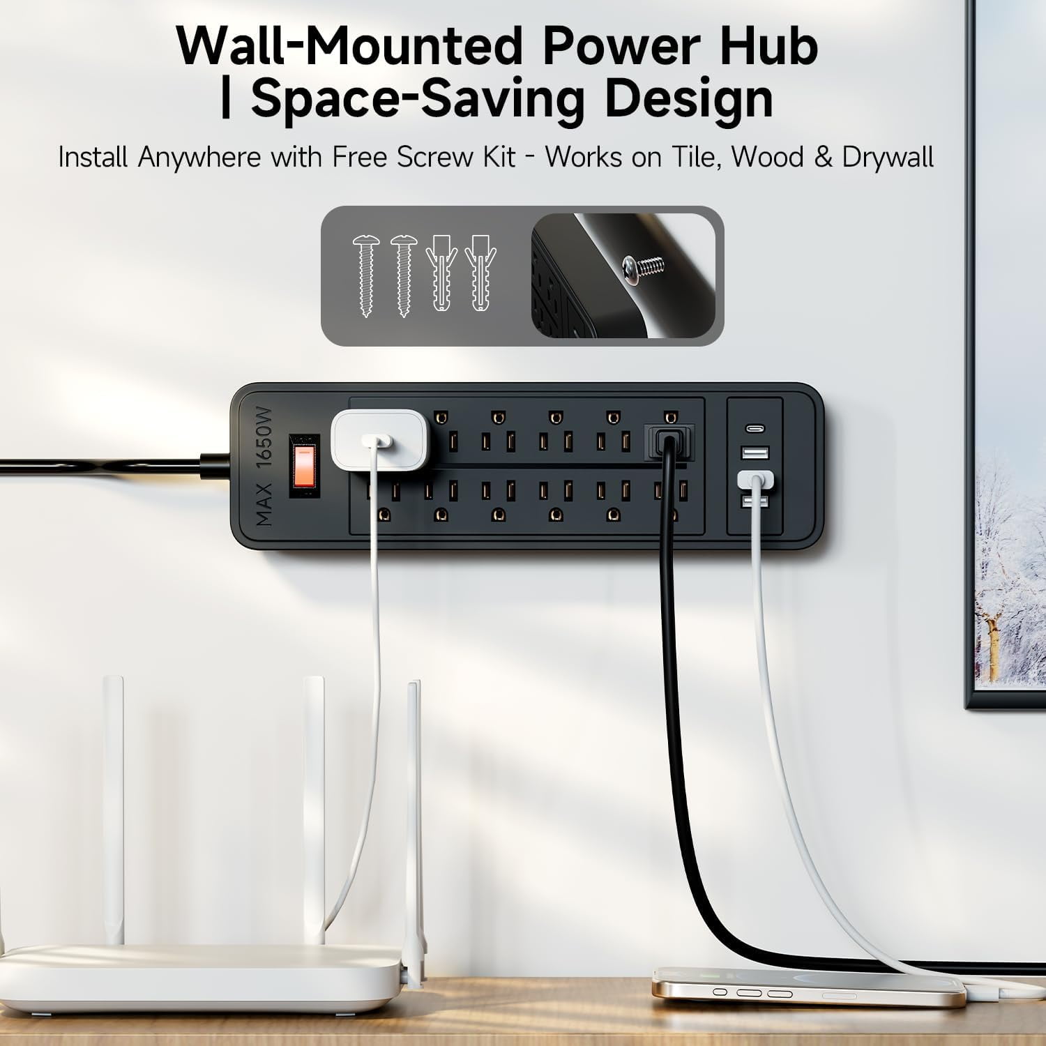 ZHANGONG Surge Protector with 12 Outlets 4 USB Ports, 2000J Power Strip, 5ft Flat Plug Extension Cord, Wall Mountable for Home and Office