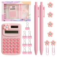 thumbnail image 6 of JIhuahe Office Desk Supplies Set: 1 Calculator, 2 Pens, 4 Pushpins, 2 Bookmarks, 7 Long Tail Clips, Multifunctional Accessories Kit for Work, Study or Home Organization,Pink, 6 of 6