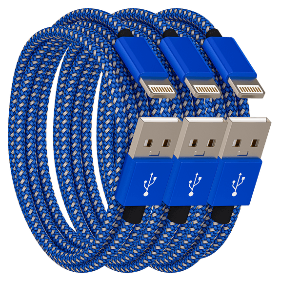 Chargers 3Pack Phone Charging Cords 3FT 6FT 10FT Nylon Braided Data Cable Charger Compatible iPhone X/8/8 Plus/7/7 Plus/ 6/6S Plus / 5/5S/SE Mini/Air/Pro Cases, Blue, White