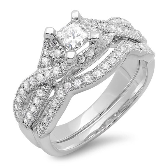 Dazzlingrock Collection 0.90 Carat (ctw) 14k Princess & Round Diamond Ladies Bridal Engagement Ring With Matching Band Set, White Gold, Size 6