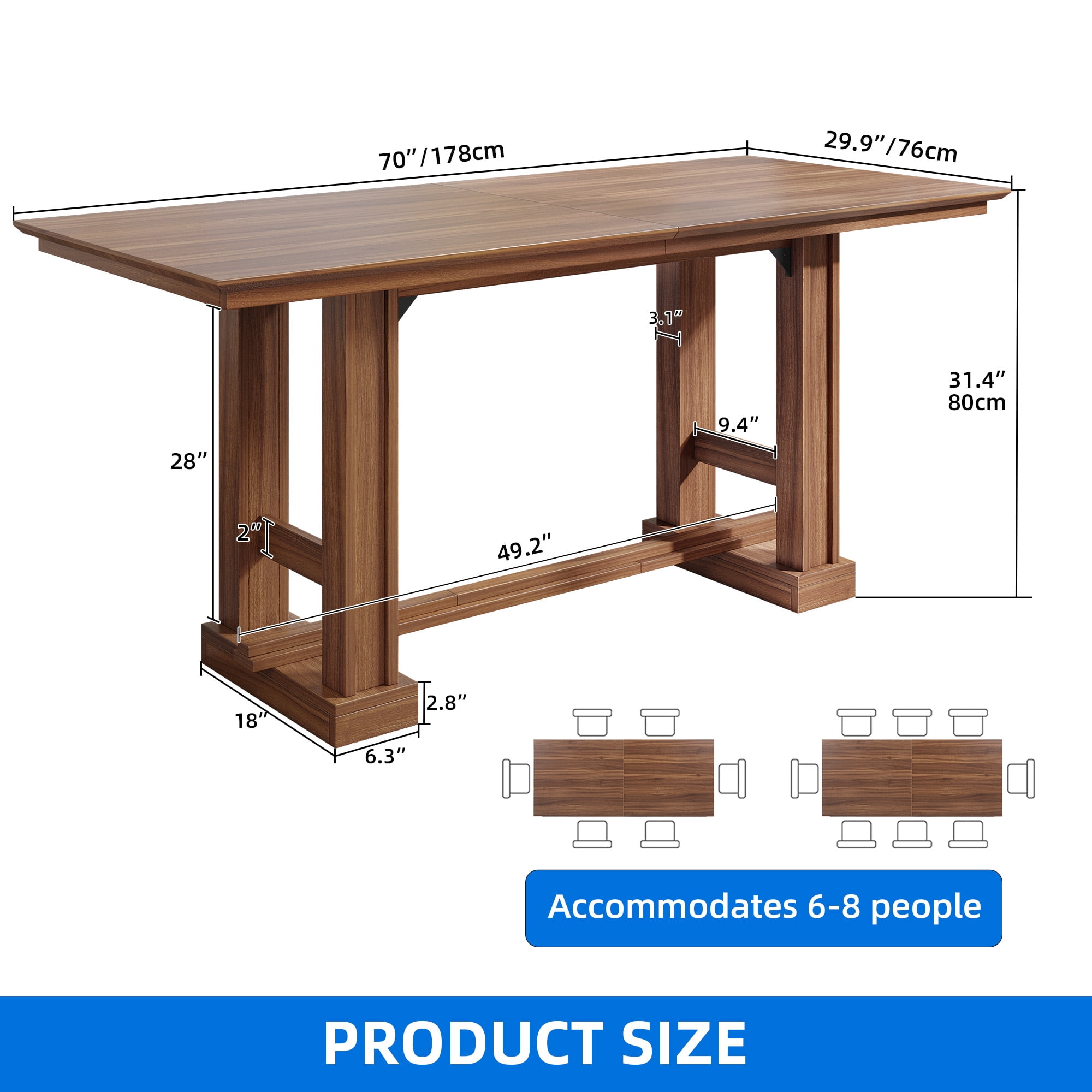 Uforic 70" Dining Table for 6–8 People, Farmhouse Rectangular Kitchen Table with Thick Base for Dining Room, Living Room, and Kitchen, Dark Walnut