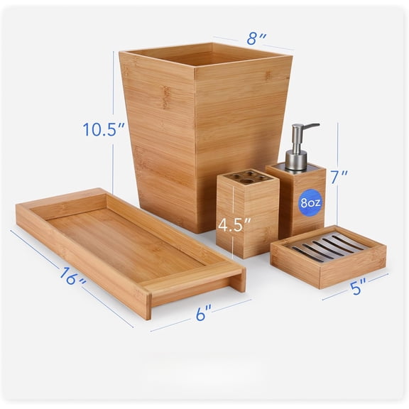 Bamboo 5-Piece Bathroom Decor Set - Aesthetic Restroom Accessories with Soap Dispenser & Towel Tray