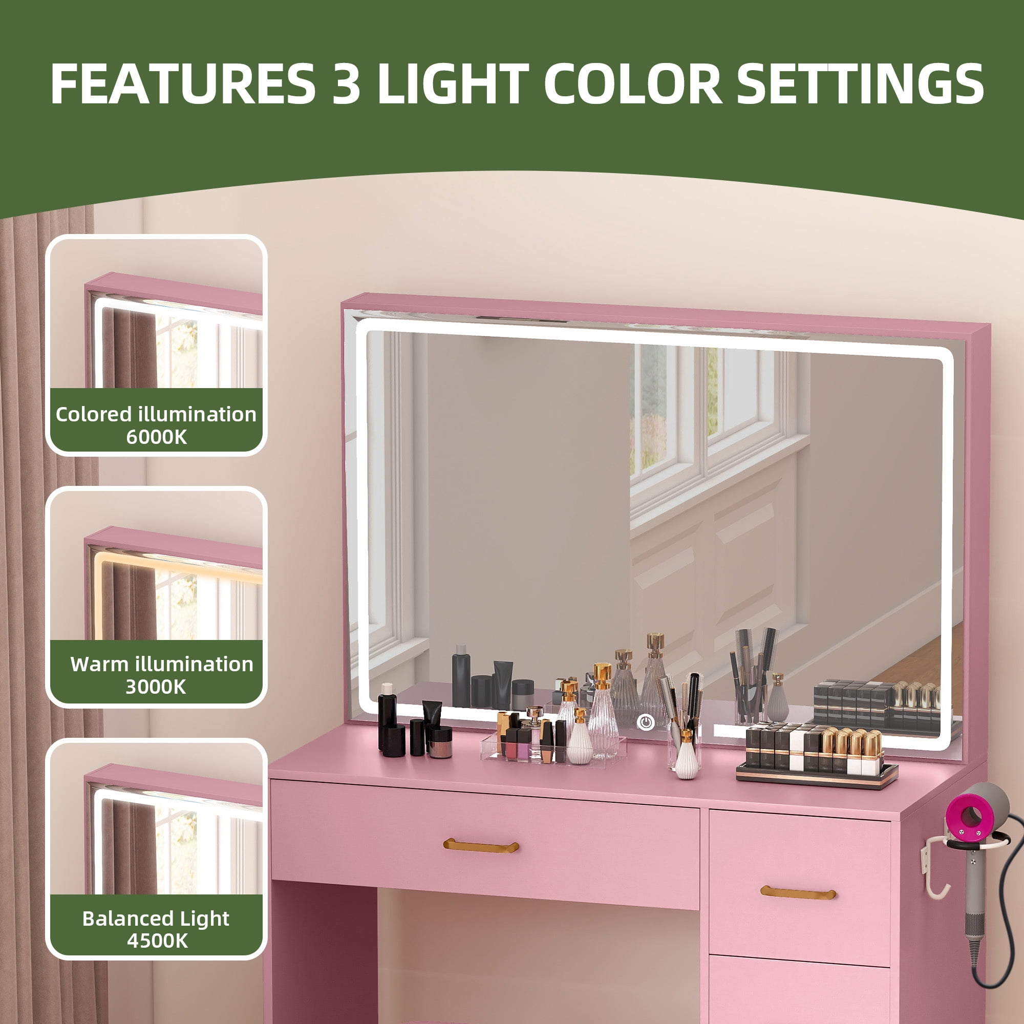 Uforic 4 Drawers Makeup Desk with LED Mirror, Vanity Table with Power Strip, Stool, Pink