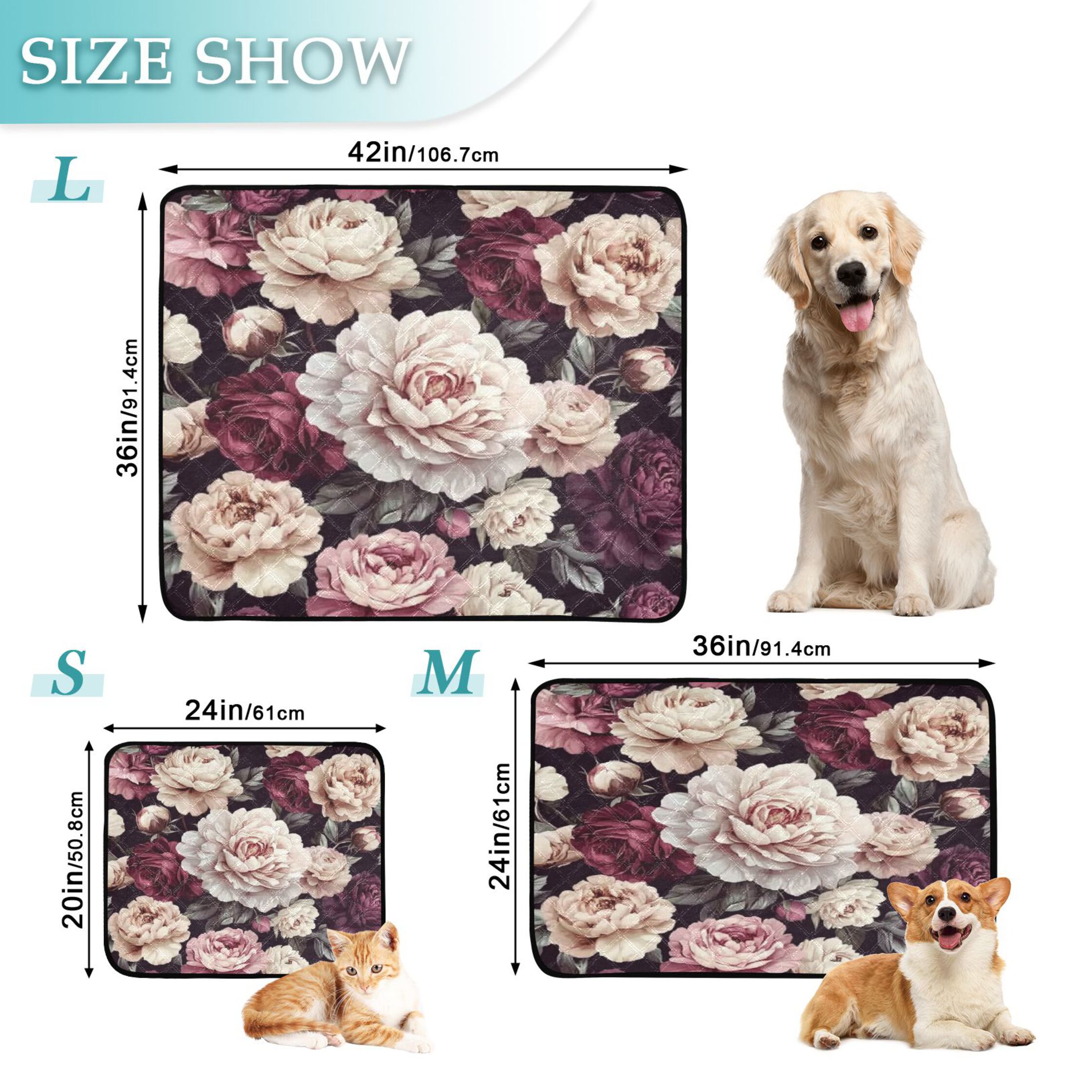 Qxltty Milk White Peony Cat litter Pads Pet Set of 3 Diaper Mats Center Anti-leakage Layer Absorbent Soft and Comfortable