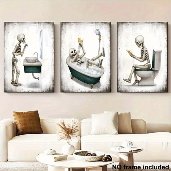 3pcs Whimsical Skeleton Canvas Art Prints - Frameless, 2D Wall Decor for Living Room, Bedroom, Bathroom | Playful Halloween Themed Home Decor with Skeletons in Bathtub, Toilet, and Sink Scenes
