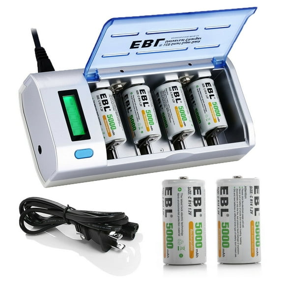 EBL 5000mAh Rechargeable C Batteries (6 Pack) with LCD Battery Charger for 9V C D Batteries