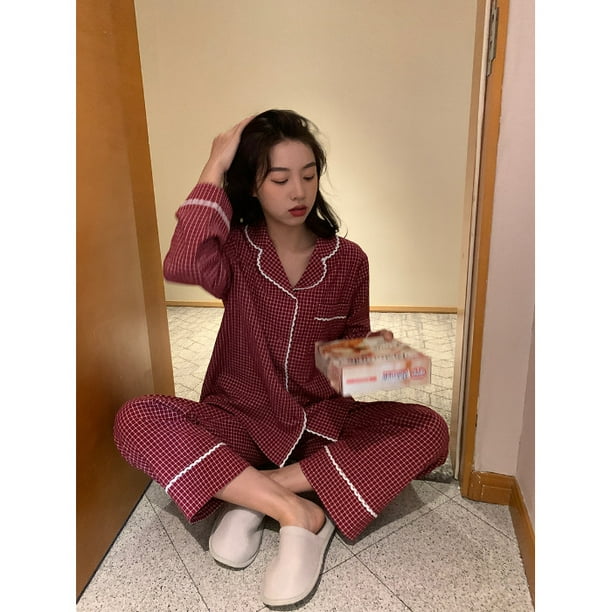 Pijama de cuadros rojos con red de encaje de otoño e invierno, cárdigan de manga larga para mujer, ropa de casa para niña, traje de dos piezas