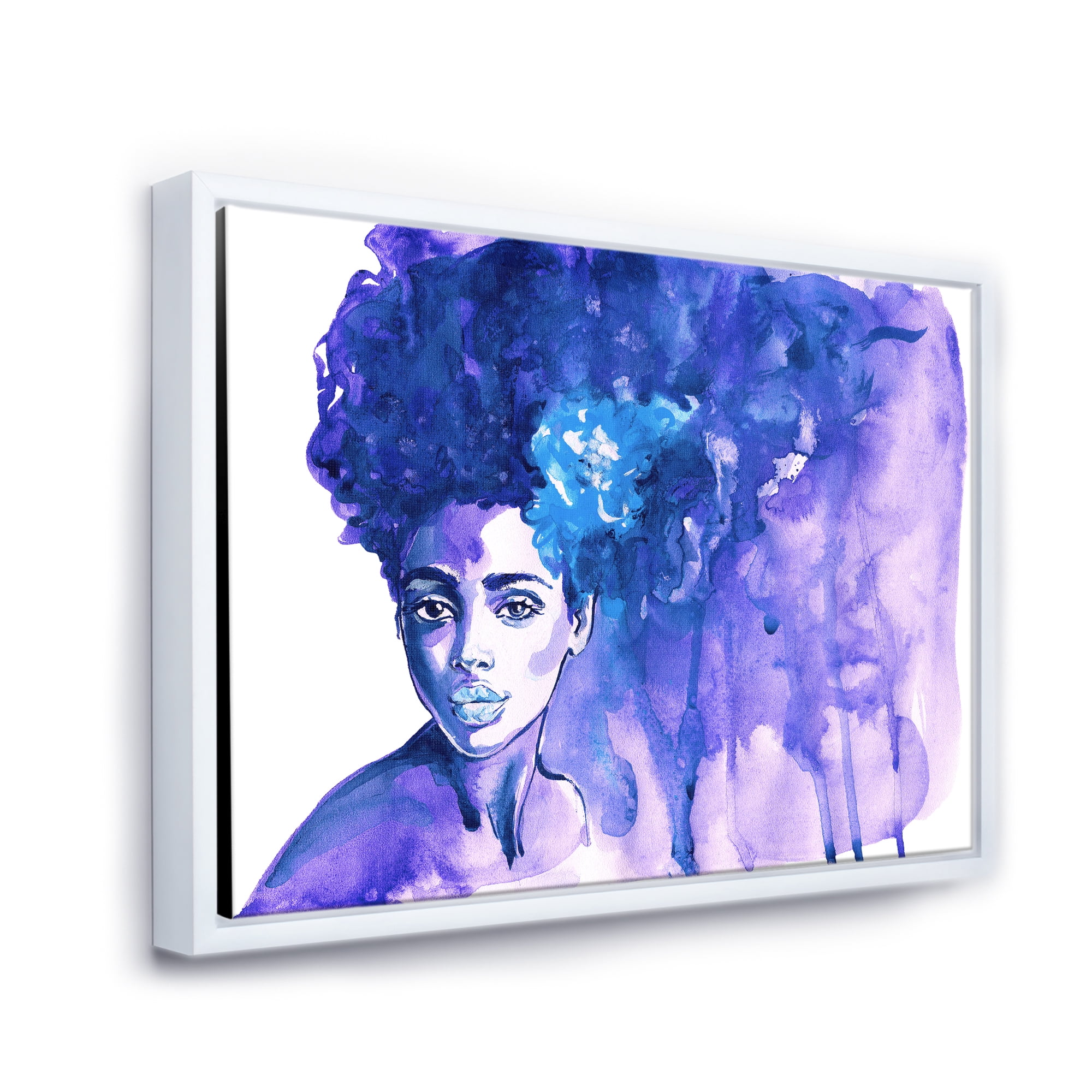Designart 'Glorious Blue Portrait of Afro American Woman' Modern Framed Canvas Wall Art Print