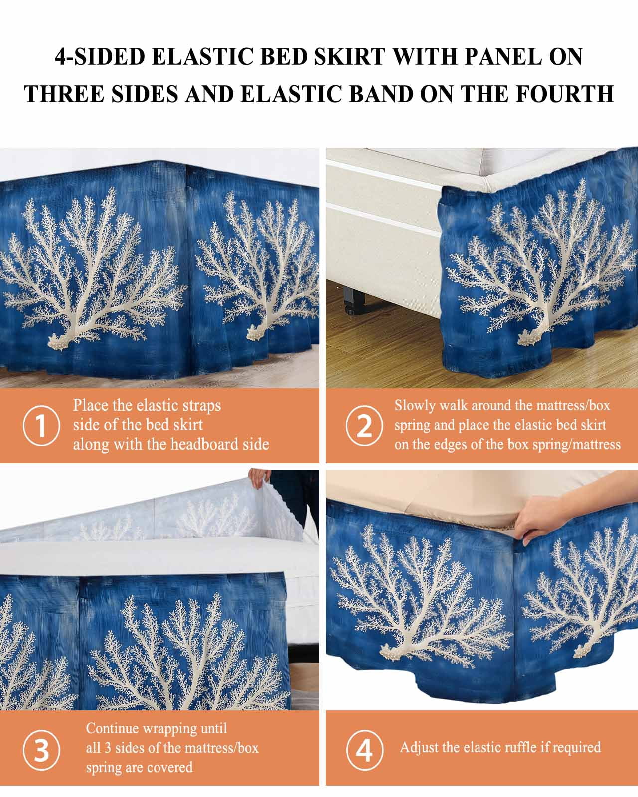 Coastal Coral Wrap Around Bed Skirts for Queen Bed 16" Drop,Bed Skirt with Adjustable Elastic Belt Dust Ruffle Bed Valance for Bedroom Hotel Luxury Oil Painted Summer Ocean Modern Art Bed Frame Cover