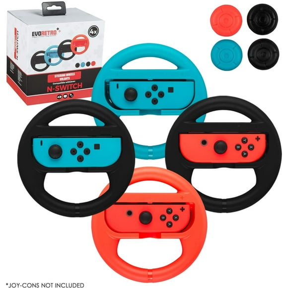 Steering Wheels for Nintendo Switch Mario Kart Racing 4-Pack (2 Black, Red, and Blue) by EVORETRO