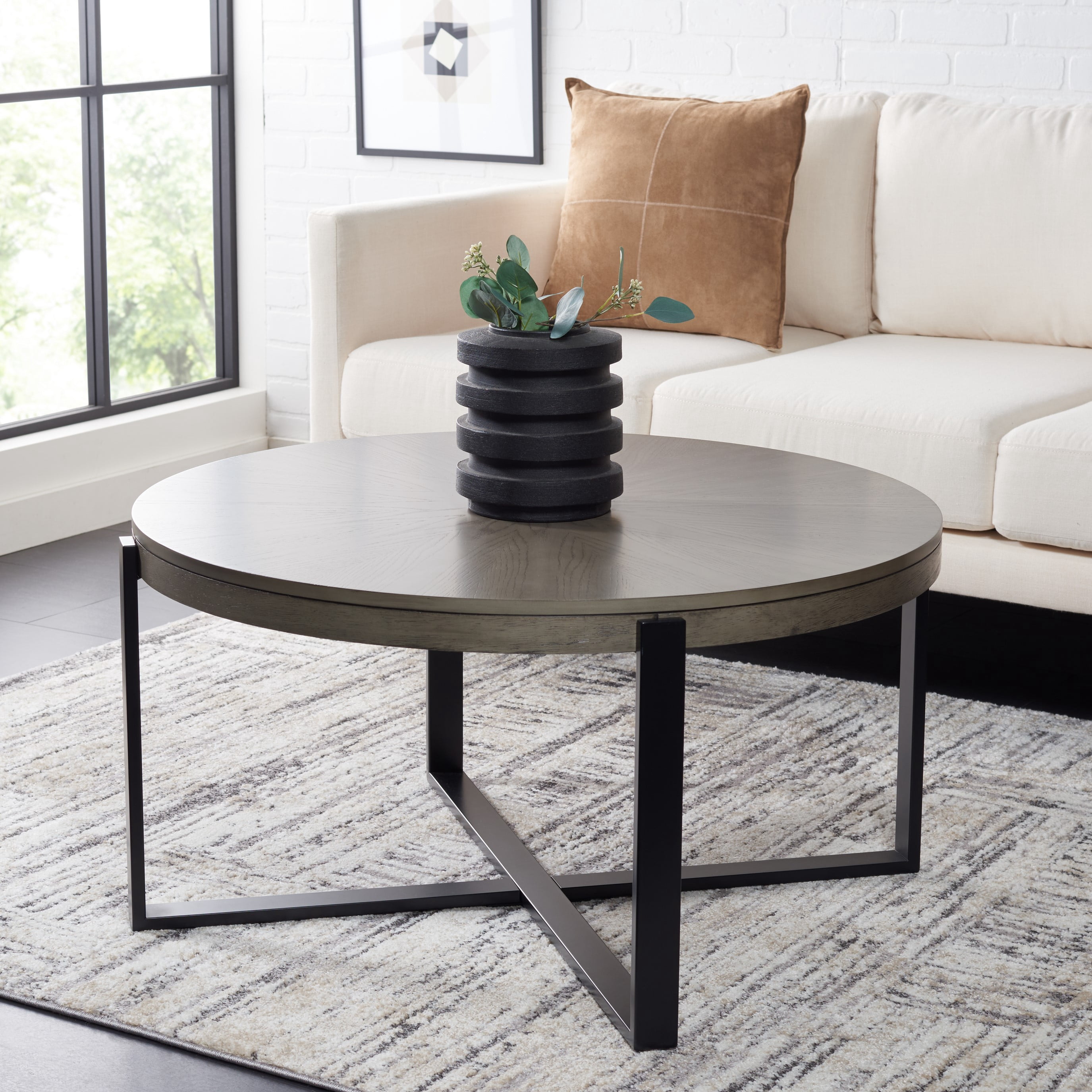 SAFAVIEH Navya Round Coffee Table, Light Grey Top/Black Legs
