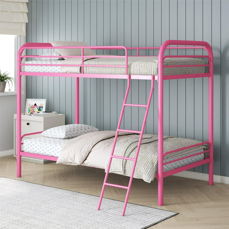 DHP Dusty Twin over Twin Metal Bunk Bed with Secured Ladder Pink