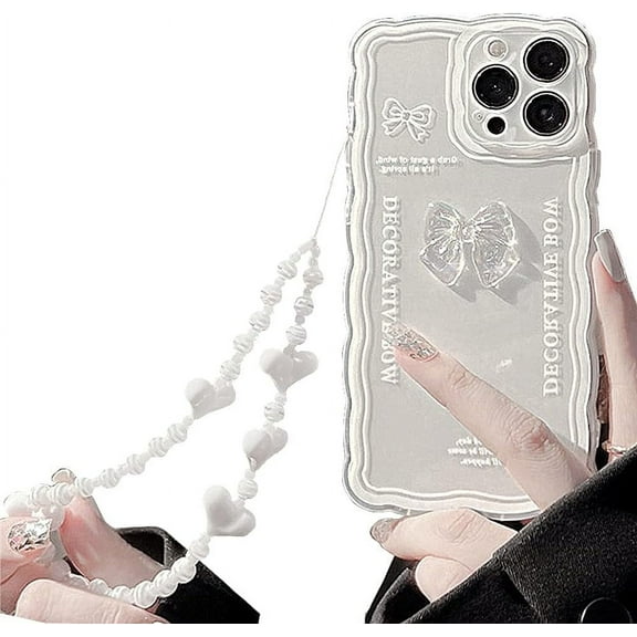 Compatible with iPhone Case,Cute 3D Crystal Bow Tie Bowknot Curly Wave Shape with Heart Wristband Strap Bracelet Chain Transparent Soft Shockproof Cover Phone Case (White,iPhone 13)