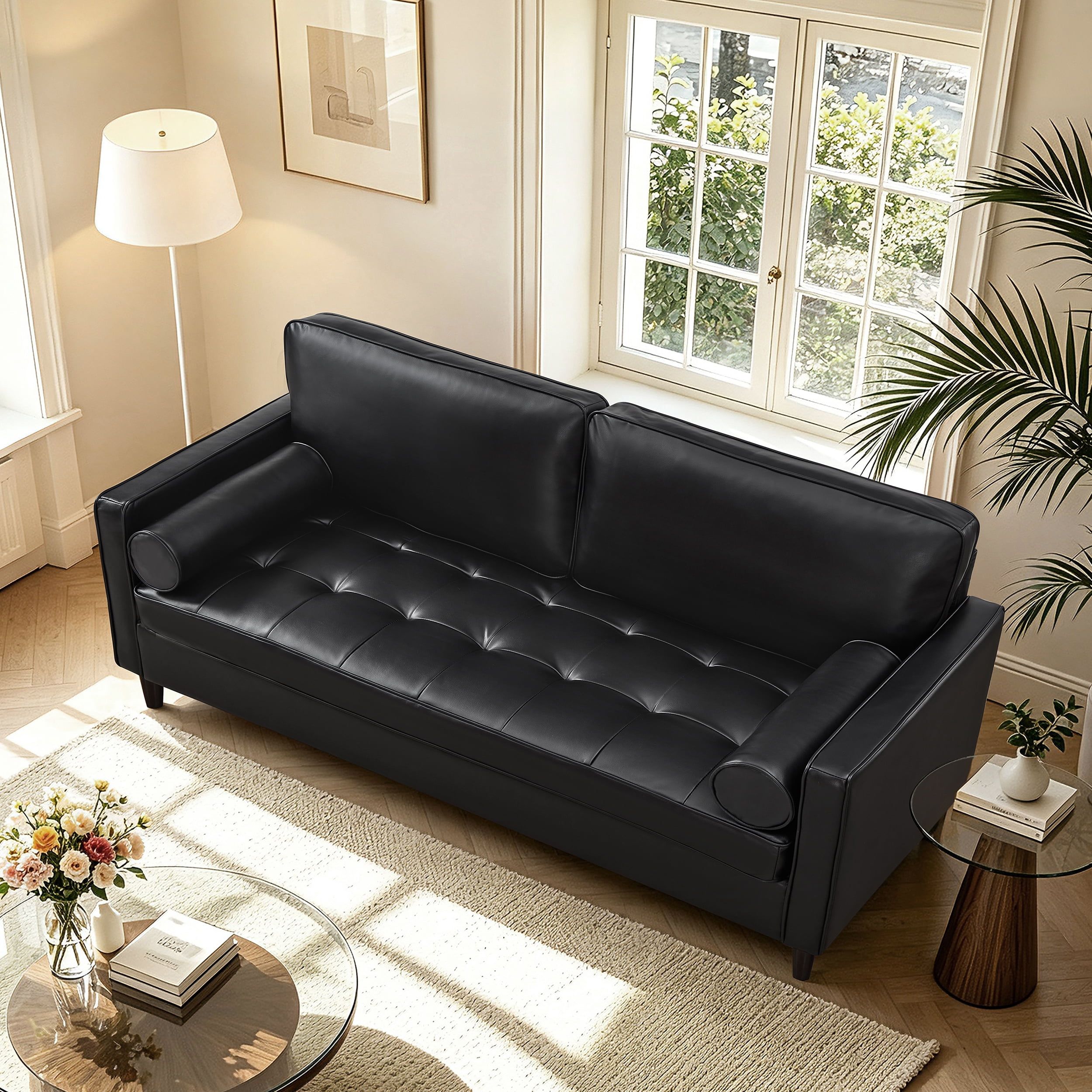 Faux Leather Sofa with Tufted Seat Cushion and Solid Wood Legs, 74.5-Inch 3-Seater Couch for Living Room, Black