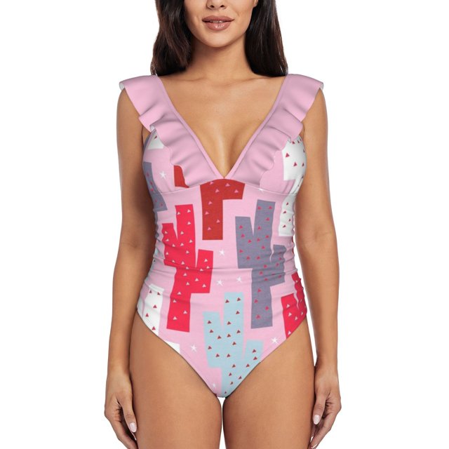 Sweet Cactus Pattern One Shoulder Ruffle Swimsuit Women Swimwear Sexy Beach Wear Summer Bathing Suits Sweet Cactus Pattern