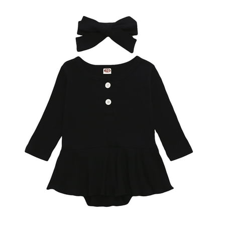 

QIPOPIQ Girls Clothes Clearance Infant Baby Girls Long Sleeve Solid Ribbed Clothes Romper Dress Hairband Outfits