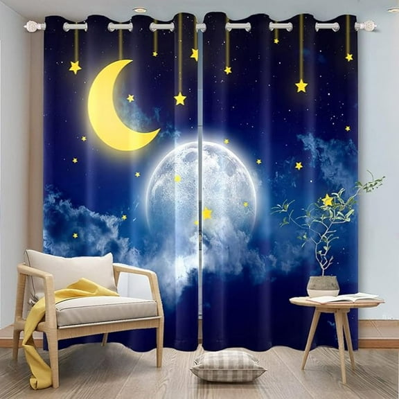 Blue Night Sky Curtains Starry Night Scenery Window Curtains Fantasy Night Space Earth Glitter Moon And Stars Dark Blue Blackout Curtain Drapes For Kids Bedroom Living Room 26"W x 45"L (Pack of 2)