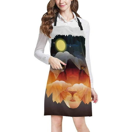 

ASHLEIGH Lion with Mountains and Night Sky with Clouds Moon and Stars Kitchen Apron Mens and Womens Bib Apron Adjustable with Pockets for Cooking Baking Gardening