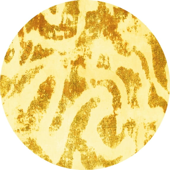 Ahgly Company Machine Washable Indoor Round Abstract Yellow Modern Area Rugs, 7' Round