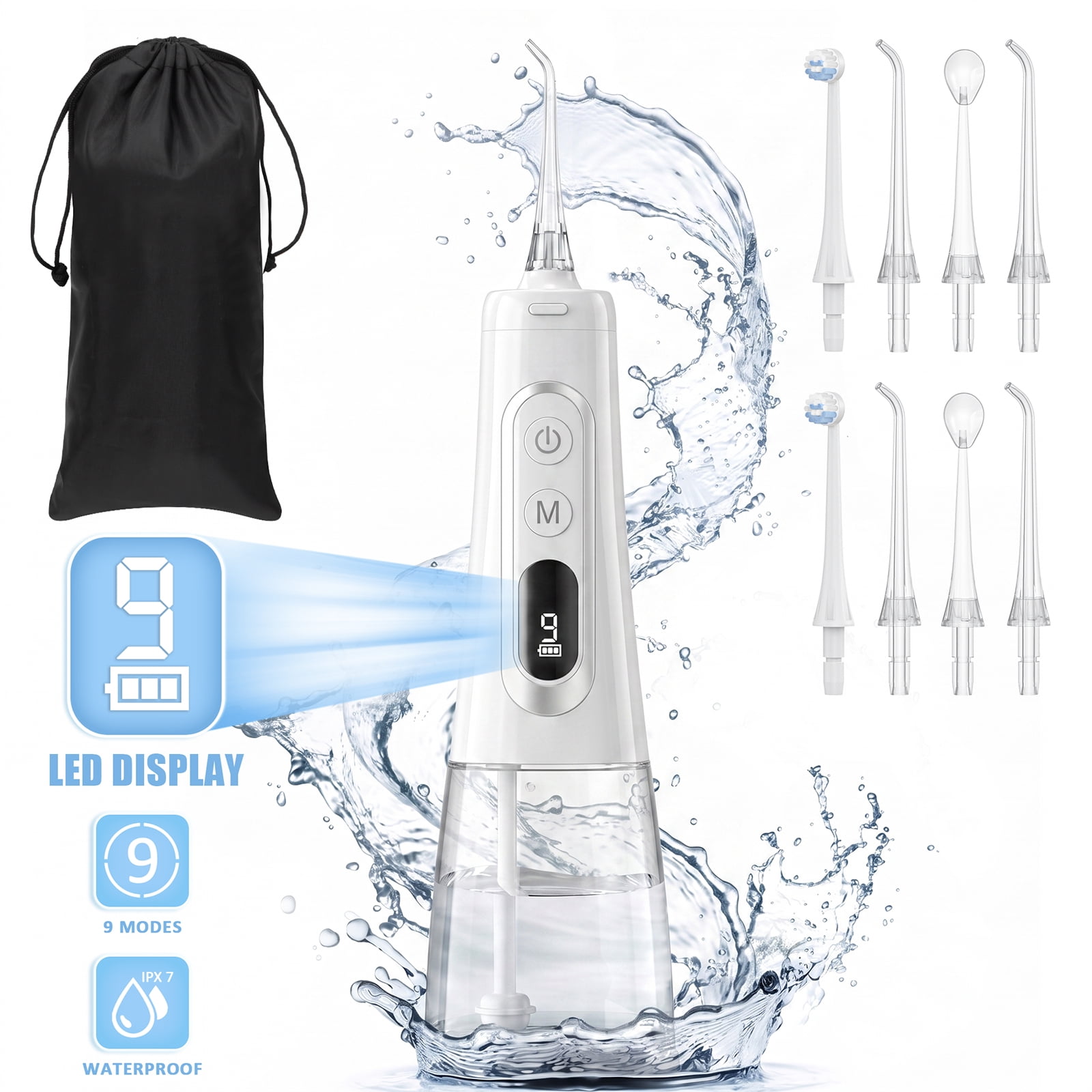 Cshidworld Water Flosser Cordless, OLED Display 300ML Large Tank Water Dental Flosser for Teeth Cleaning and Flossing Oral Irrigator/ 9 Modes with 8 Jet Tips, IPX7 Waterproof & Rechargeable