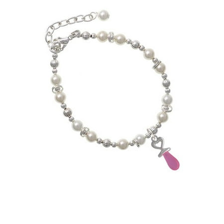 - Silvertone 3-D Pink Baby Pacifier Imitation Pearl Beaded Bracelet