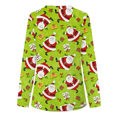 

Santa Claus Printed Working Uniform Long Working V Neck Sleeve Tops Women Blouse Scrubs Top Working Uniform Nurses