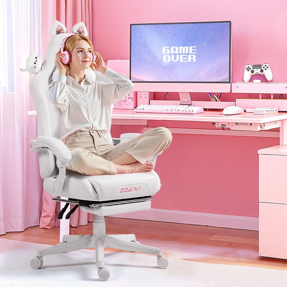 KARXAS Adult Cat Leather PC Gaming Chair with Massage Lumbar and Footrest, White