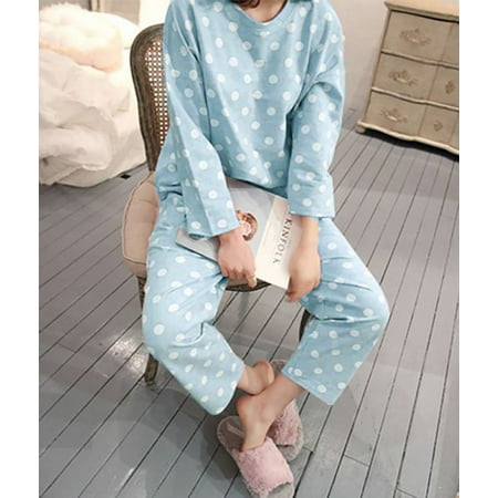 

Women Pajama Set Dot Print Long Sleeve Sleepwear Round Neck Tops + Trouser Lounge Sets Soft 2-Piece Nightwear Loungewear Pjs Blue S-2XL