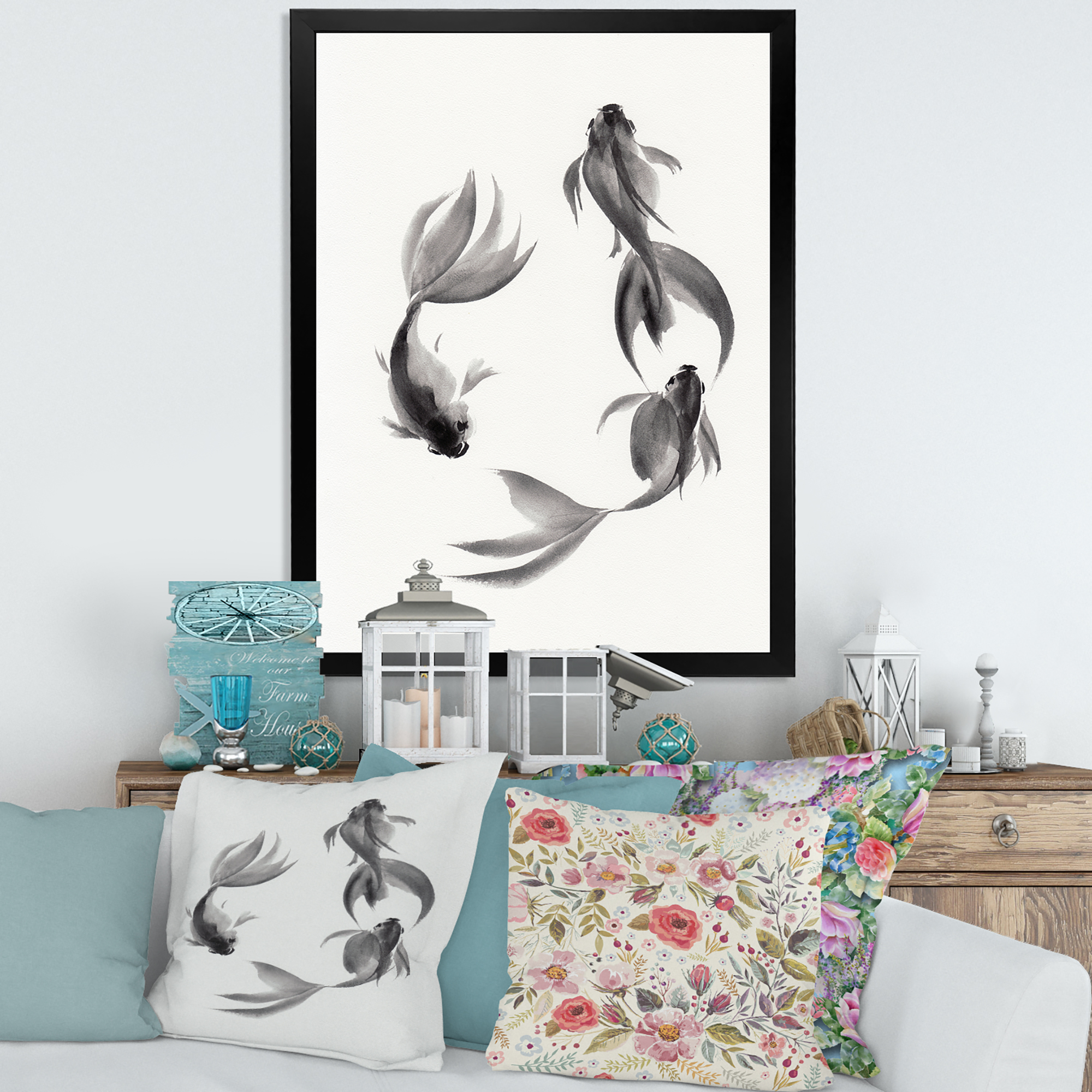 Designart 'Black and White Vintage Fish III' Nautical & Coastal Framed Art Print
