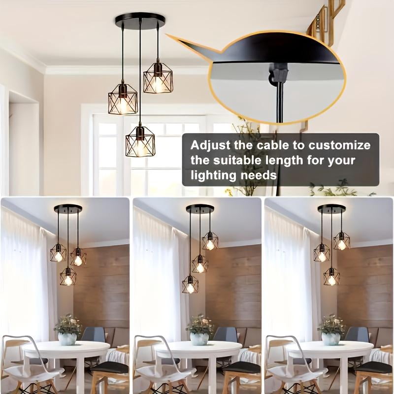 3-Light Pendant Light Fixtures, Farmhouse Kitchen Island Light Fixture, Industrial Hanging Pendant Lighting for Dining Room Bedroom, Black Metal Cage Pendant, E26 Base, Bulbs Not Included