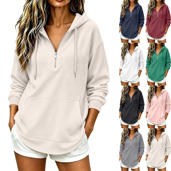 Women Waffle Knit Quarter Zip Hoodie Sevevn Drawstring Kangaroo Pocket Long Sleeve Loose Fit Casual Oversized Pullover Sweatshirt