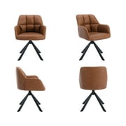 Guyou Modern Swivel Office Chair No Wheels, PU Leather Upholstered Desk Chair Armchair with Black Metal Legs for Living Room Bedroom Home Office, Brown